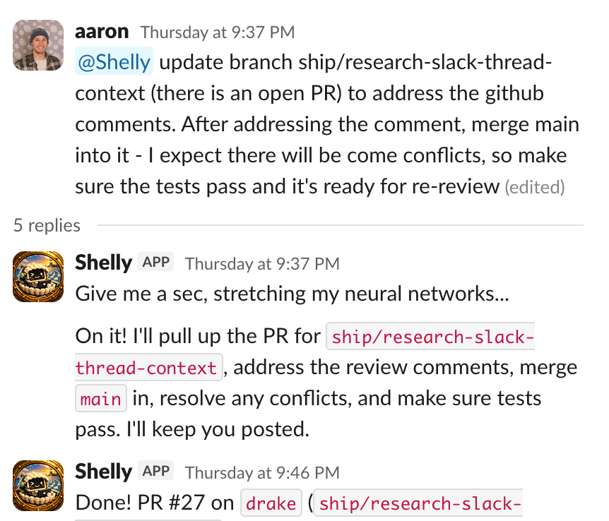 Slack conversation with Shelly, our AI coding agent